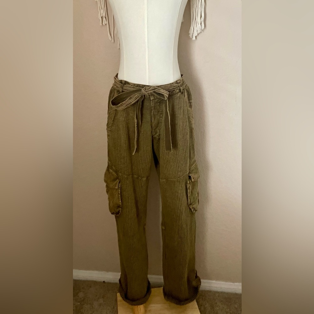 Free People FP One Frankie Waffle Knit Thermal Cargo Slouchy Pants in Olive
